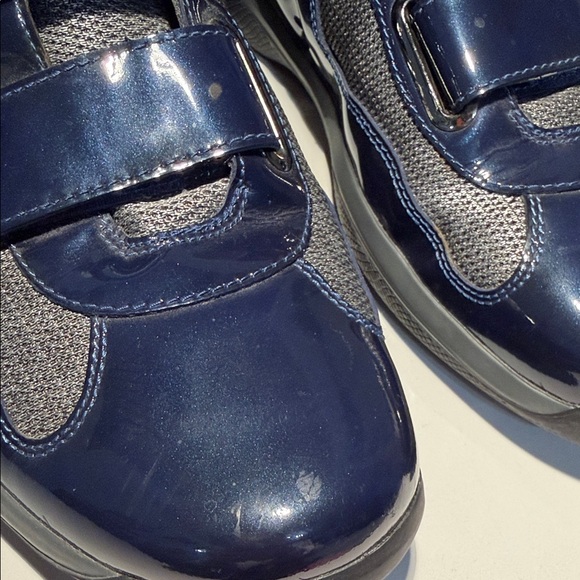 Prada Dark Blue High-Top Patent leather Sneakers with Red Detail - Picture 7 of 12